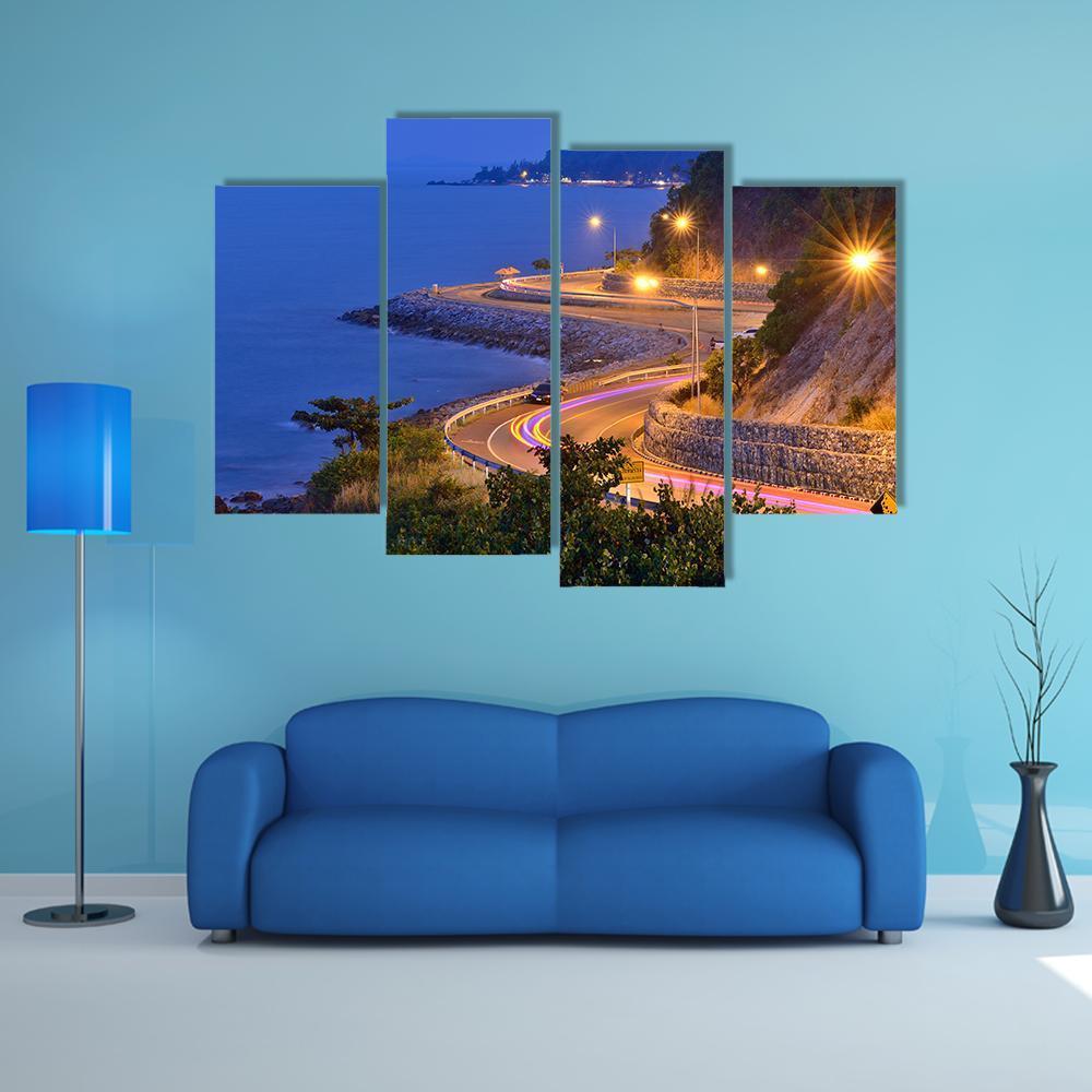 Twilight Scene Of The Road Beside Mountain And Sea Canvas Wall Art-4 Pop-Gallery Wrap-50" x 32"-Tiaracle