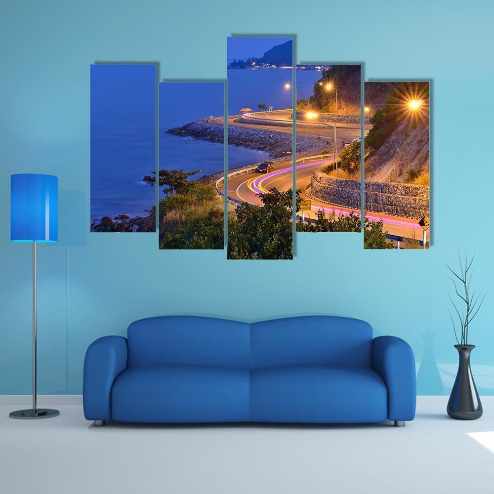Twilight Scene Of The Road Beside Mountain And Sea Canvas Wall Art-5 Pop-Gallery Wrap-47" x 32"-Tiaracle