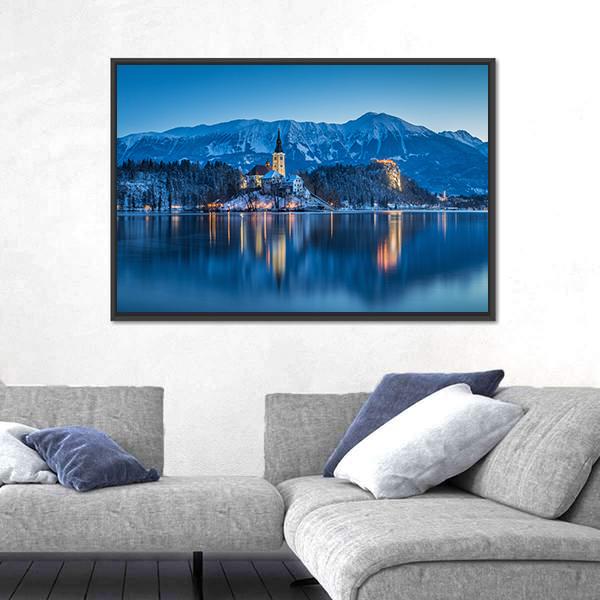 Twilight Island Church Over Snowy Lake Canvas Wall Art in white and blue, framed canvas, product view on a white background