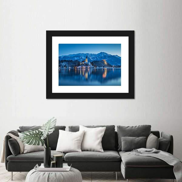 Twilight View Of Lake Bled Canvas Wall Art-1 Piece-Framed Print-20" x 16"-Tiaracle