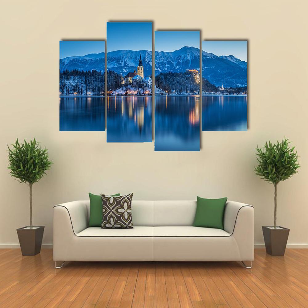 Twilight View Of Lake Bled Canvas Wall Art-4 Pop-Gallery Wrap-50" x 32"-Tiaracle