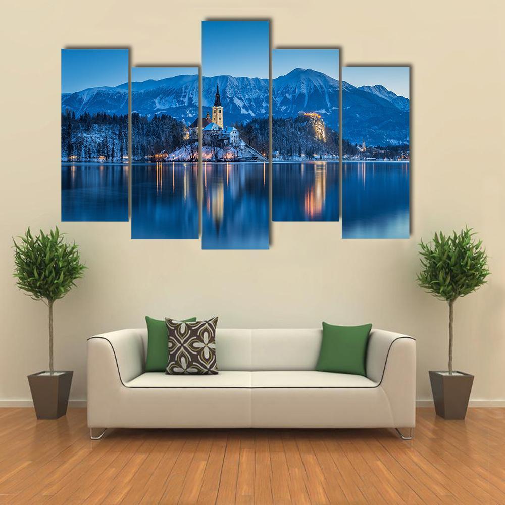 Twilight View Of Lake Bled Canvas Wall Art-5 Pop-Gallery Wrap-47" x 32"-Tiaracle