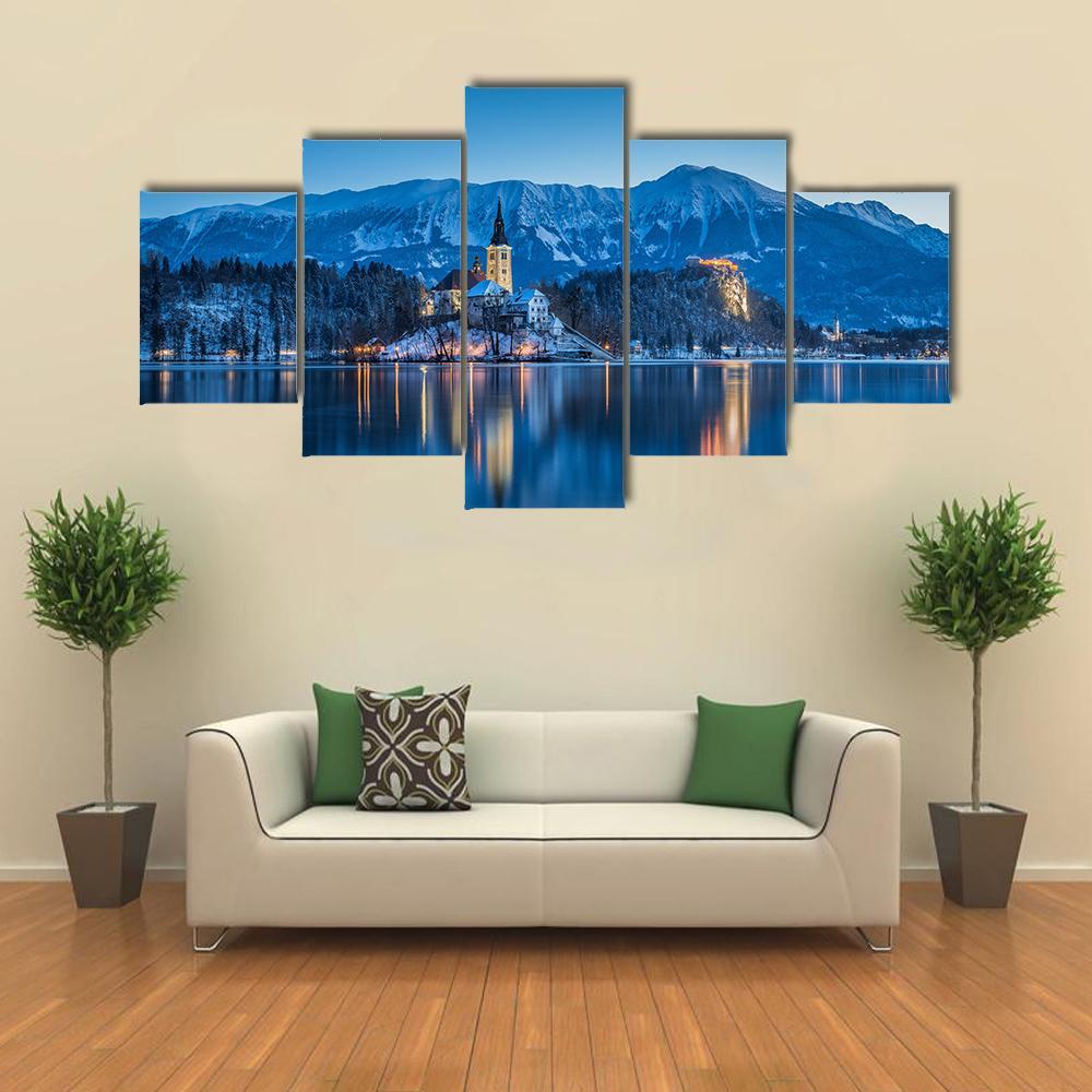 Twilight View Of Lake Bled Canvas Wall Art-5 Pop-Gallery Wrap-47" x 32"-Tiaracle