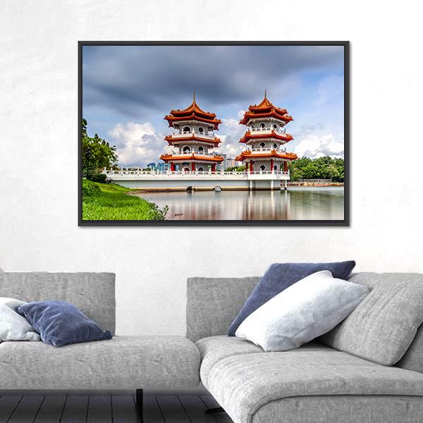 Twin Pagoda China Canvas Wall Art-1 Piece-Floating Frame-24" x 16"-Tiaracle