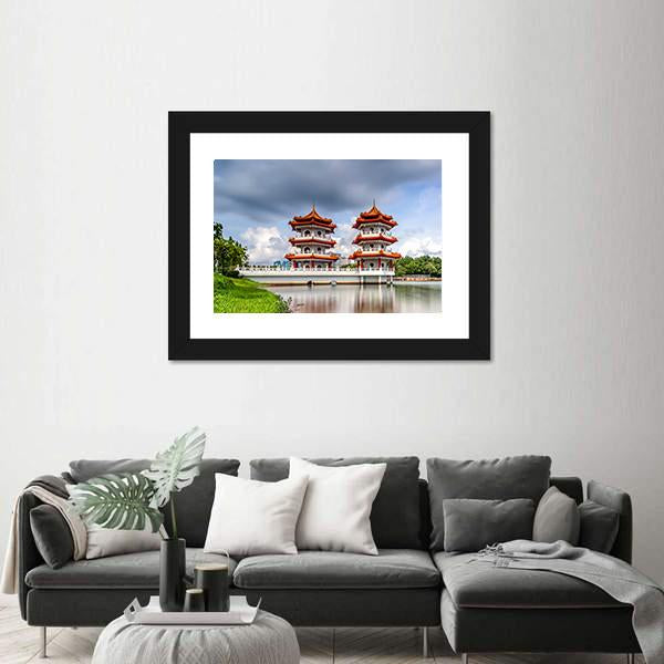 Twin Pagoda China Canvas Wall Art-1 Piece-Framed Print-20" x 16"-Tiaracle
