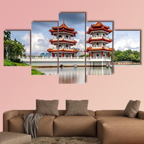 Twin Pagoda China Canvas Wall Art-5 Star-Gallery Wrap-62" x 32"-Tiaracle