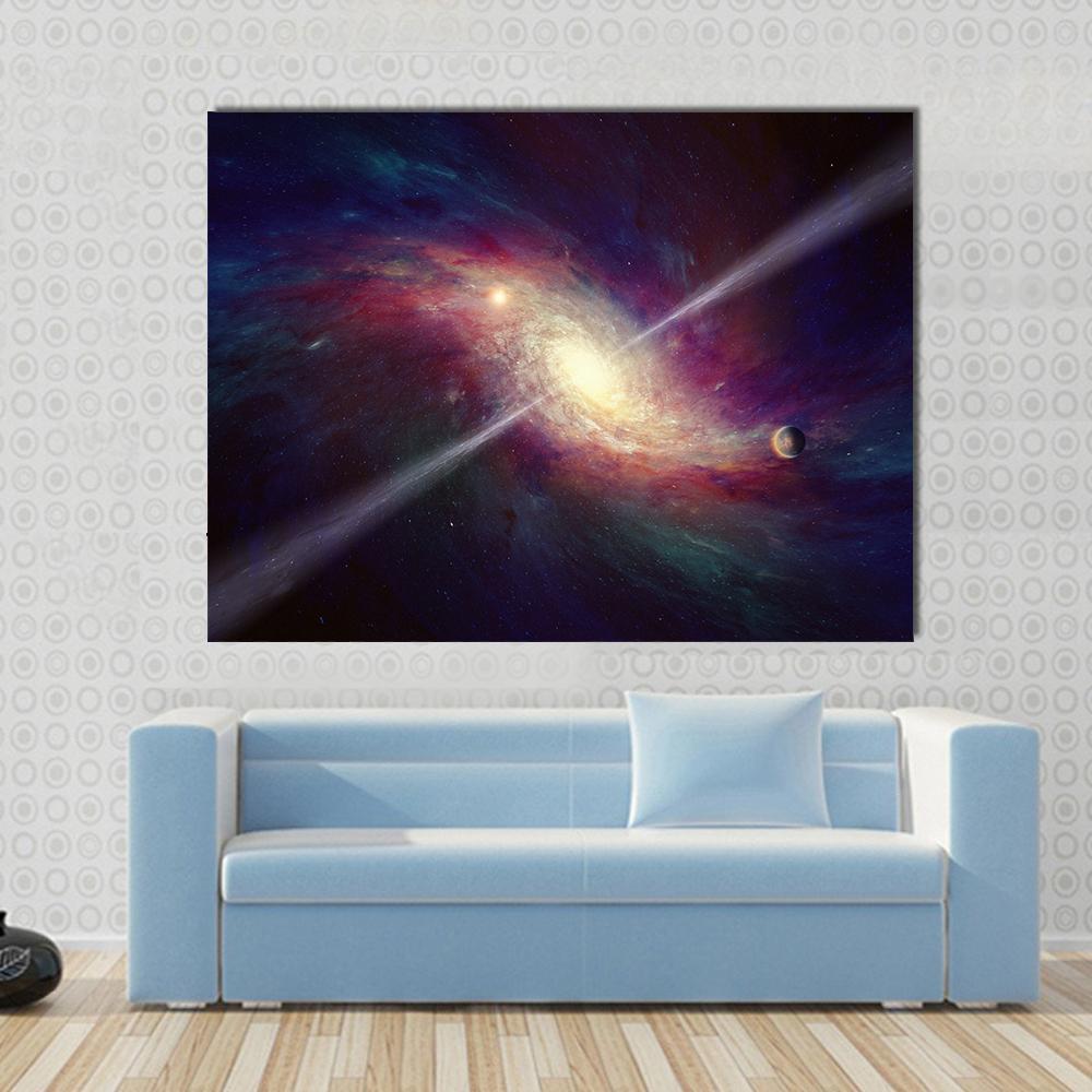 Bright Quasar in Twisted Galaxy Canvas Wall Art in yellow, blue and purple, single panel hung on a wall