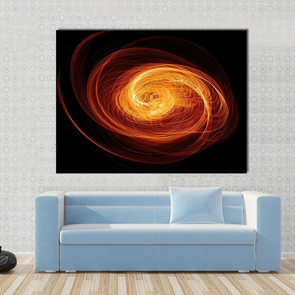 Twisted Quasar Black Hole Canvas Wall Art in black, orange and yellow, single panel hung on a wall