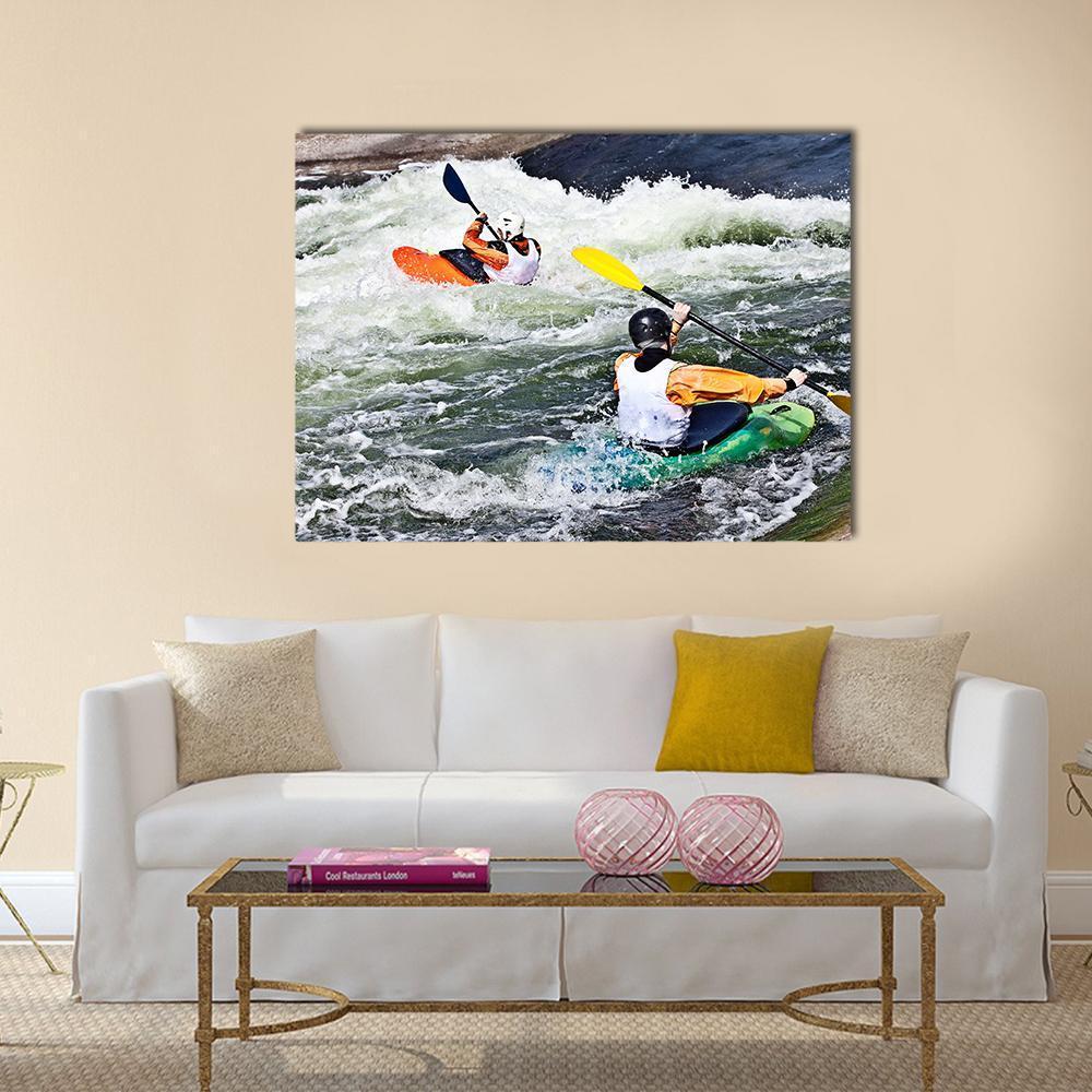 Active Kayakers Navigating Rapids Canvas Wall Art in white, green and blue, single panel hung on a wall