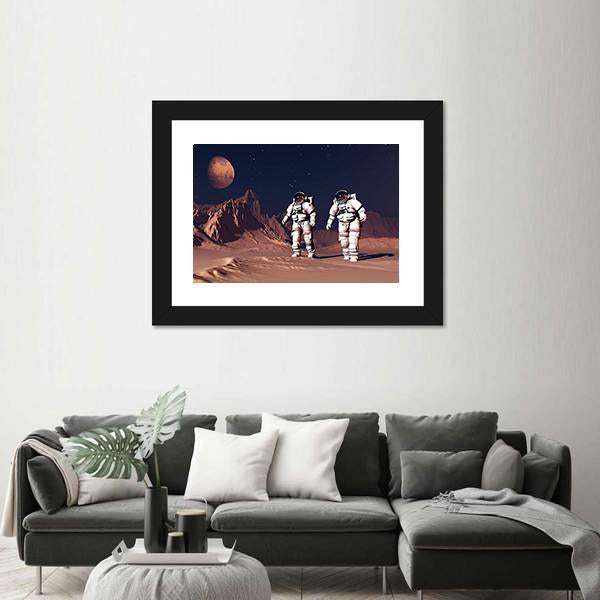 Two Astronauts On Mars Canvas Wall Art-1 Piece-Framed Print-20" x 16"-Tiaracle
