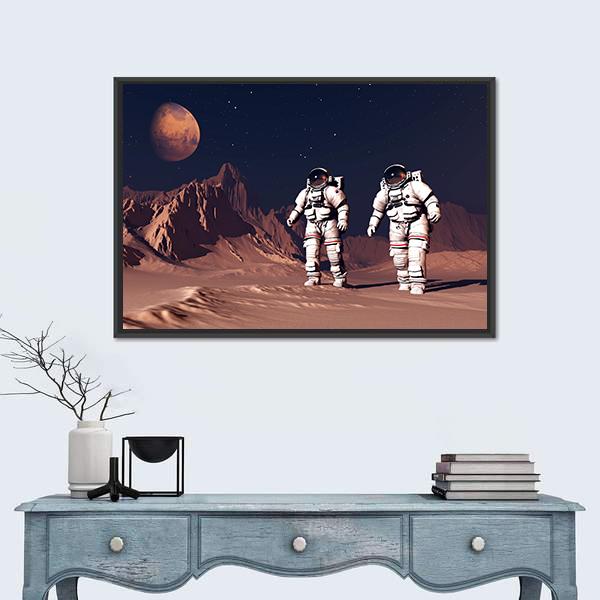 Two Astronauts On Mars Canvas Wall Art-3 Horizontal-Gallery Wrap-25" x 16"-Tiaracle