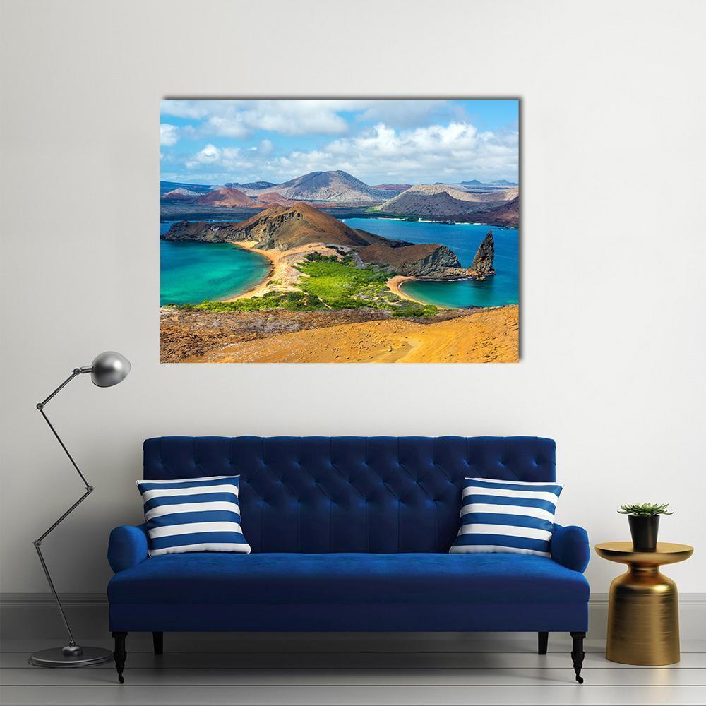 Bartolome Island Ecuador Seaside Landscape Canvas Wall Art in brown, orange and blue, single panel hung on a wall
