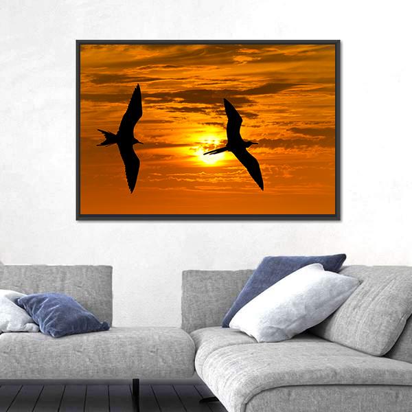 Two Birds Flying Silhouette At Sunset Canvas Wall Art-1 Piece-Floating Frame-24" x 16"-Tiaracle