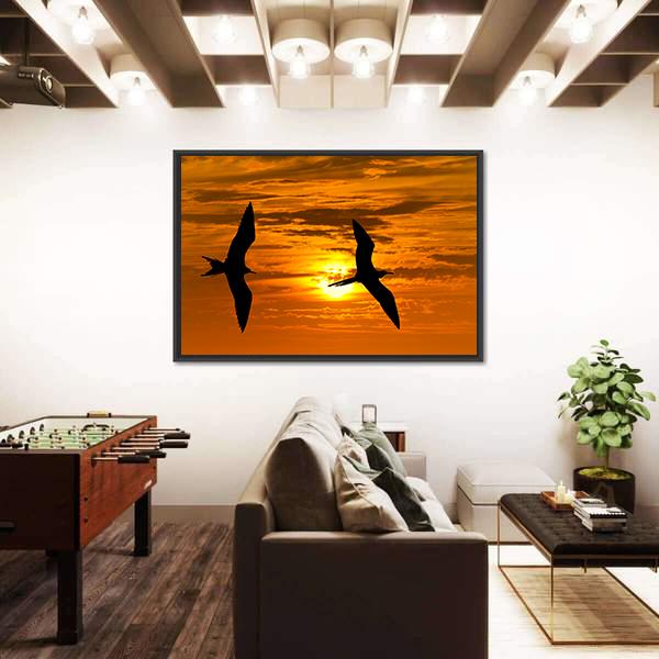 Two Birds Flying Silhouette At Sunset Canvas Wall Art-5 Horizontal-Gallery Wrap-22" x 12"-Tiaracle
