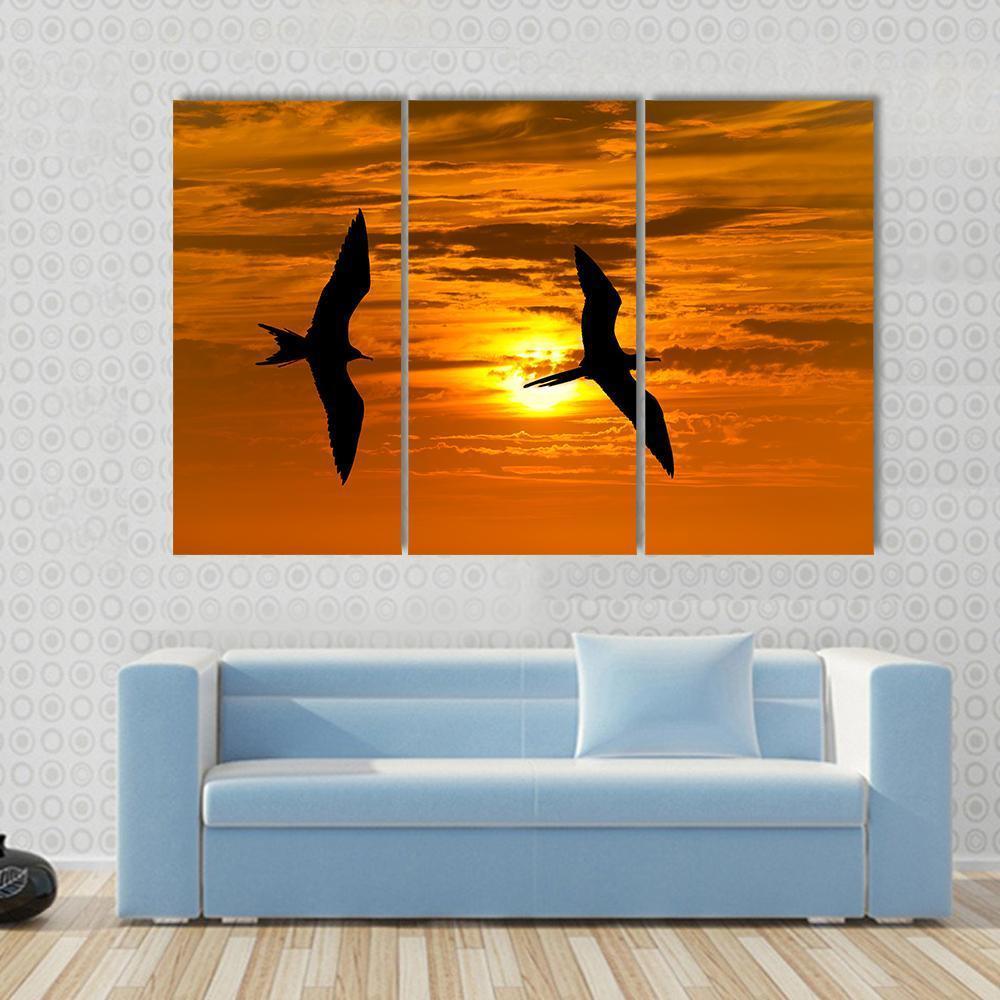 Two Birds Flying Silhouette At Sunset Canvas Wall Art-3 Horizontal-Gallery Wrap-25" x 16"-Tiaracle