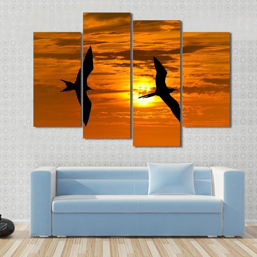 Two Birds Flying Silhouette At Sunset Canvas Wall Art-4 Pop-Gallery Wrap-50&quot; x 32&quot;-Tiaracle
