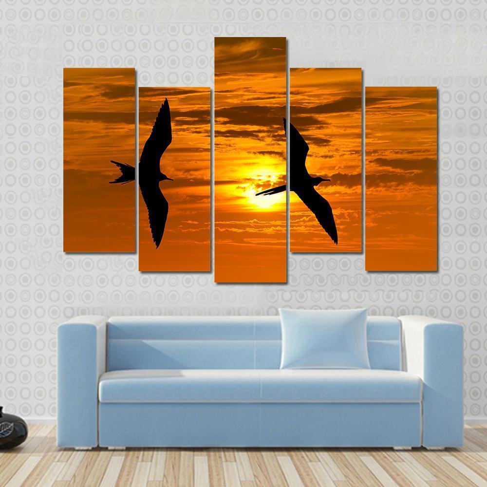 Two Birds Flying Silhouette At Sunset Canvas Wall Art-5 Pop-Gallery Wrap-47&quot; x 32&quot;-Tiaracle