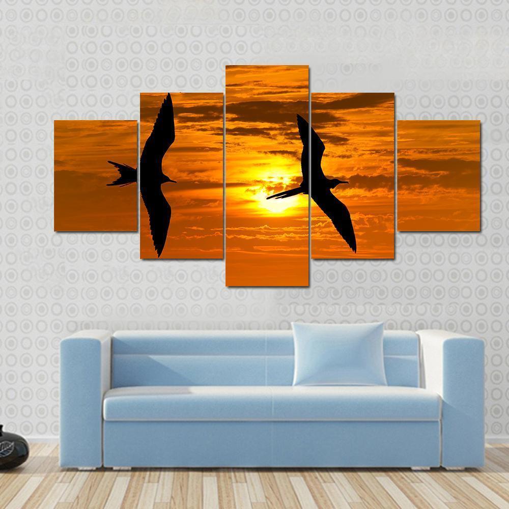 Two Birds Flying Silhouette At Sunset Canvas Wall Art-5 Star-Gallery Wrap-62&quot; x 32&quot;-Tiaracle