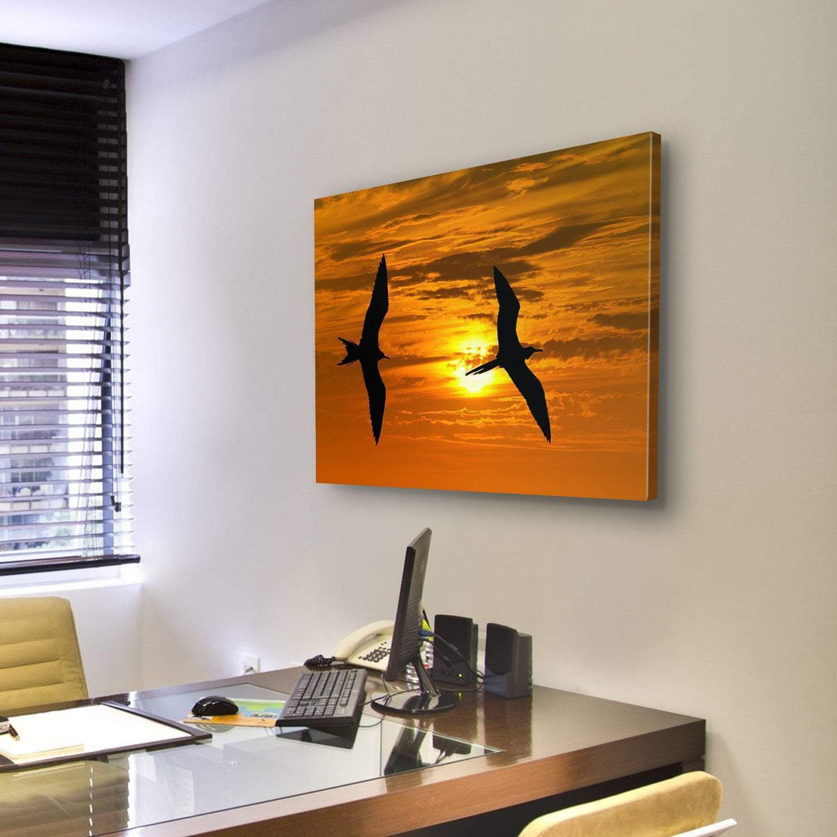 Two Birds Flying Silhouette At Sunset Canvas Wall Art-3 Horizontal-Gallery Wrap-25&quot; x 16&quot;-Tiaracle