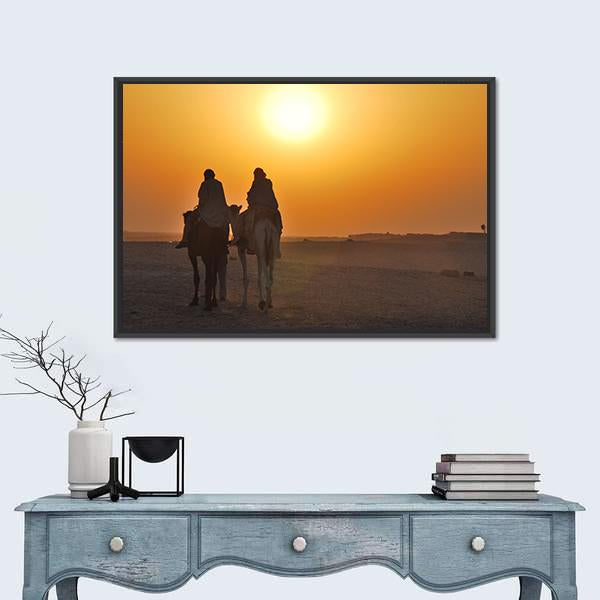 Two Camels Riding Towards Sun In Desert Canvas Wall Art-3 Horizontal-Gallery Wrap-25" x 16"-Tiaracle