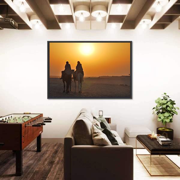 Two Camels Riding Towards Sun In Desert Canvas Wall Art-5 Horizontal-Gallery Wrap-22" x 12"-Tiaracle