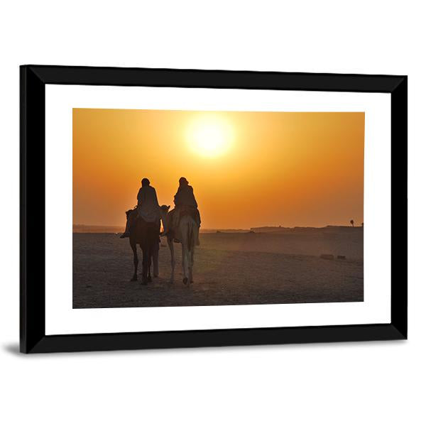 Two Camels Riding Towards Sun In Desert Canvas Wall Art-3 Horizontal-Gallery Wrap-25" x 16"-Tiaracle