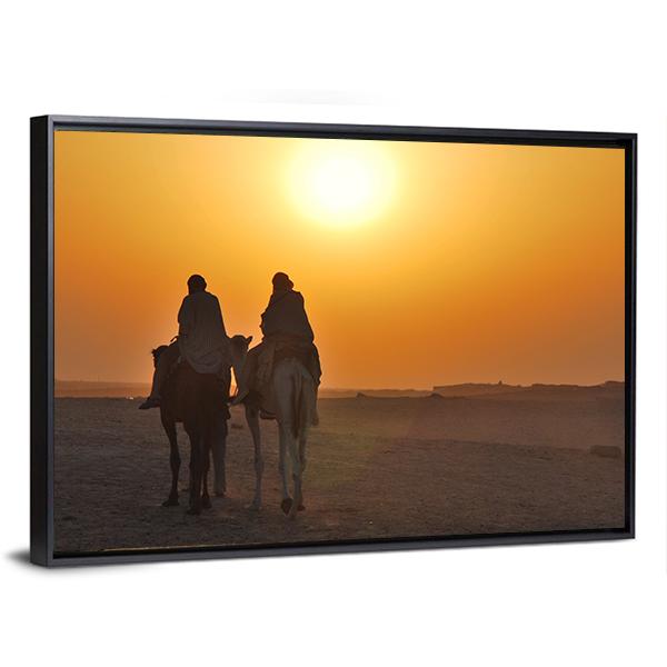 Two Camels Riding Towards Sun In Desert Canvas Wall Art-5 Horizontal-Gallery Wrap-22" x 12"-Tiaracle