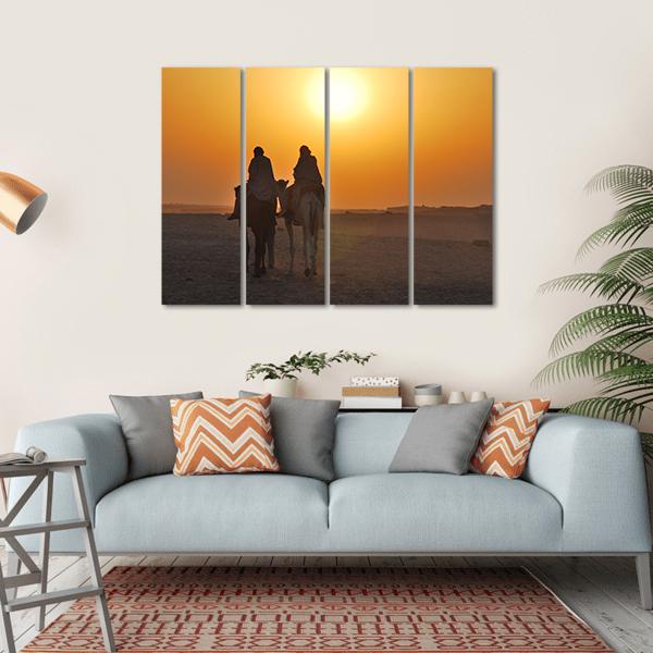 Two Camels Riding Towards Sun In Desert Canvas Wall Art-4 Horizontal-Gallery Wrap-34" x 24"-Tiaracle