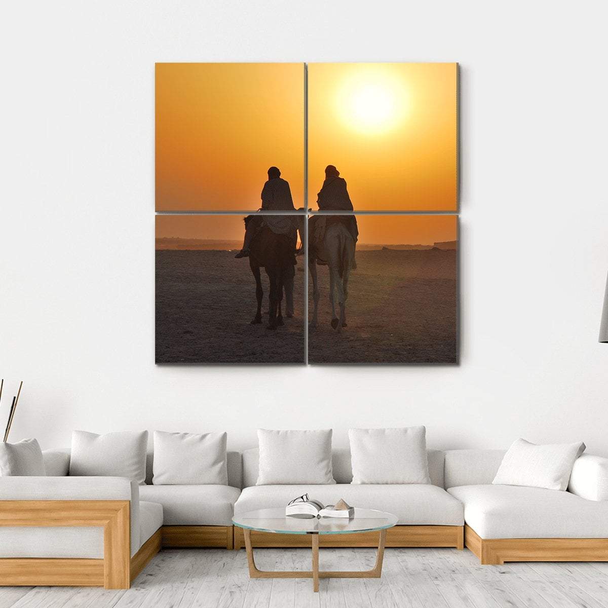 Two Camels Riding Towards Sun In Desert Canvas Wall Art-4 Square-Gallery Wrap-17" x 17"-Tiaracle