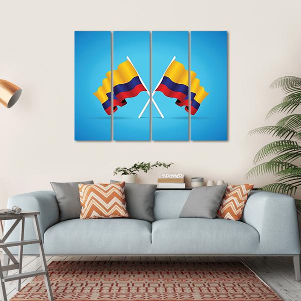 Two Colombian Flags Canvas Wall Art in red, yellow and blue, hung on a wall