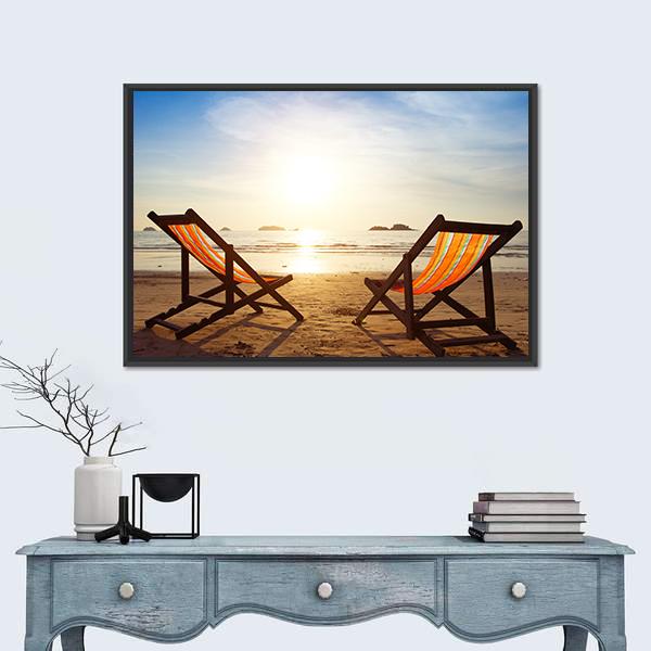 Two Deck Chairs At Beach Canvas Wall Art-3 Horizontal-Gallery Wrap-25" x 16"-Tiaracle