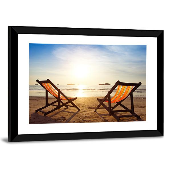 Two Deck Chairs At Beach Canvas Wall Art-3 Horizontal-Gallery Wrap-25" x 16"-Tiaracle