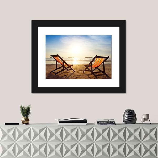 Two Deck Chairs At Beach Canvas Wall Art-3 Horizontal-Gallery Wrap-25" x 16"-Tiaracle