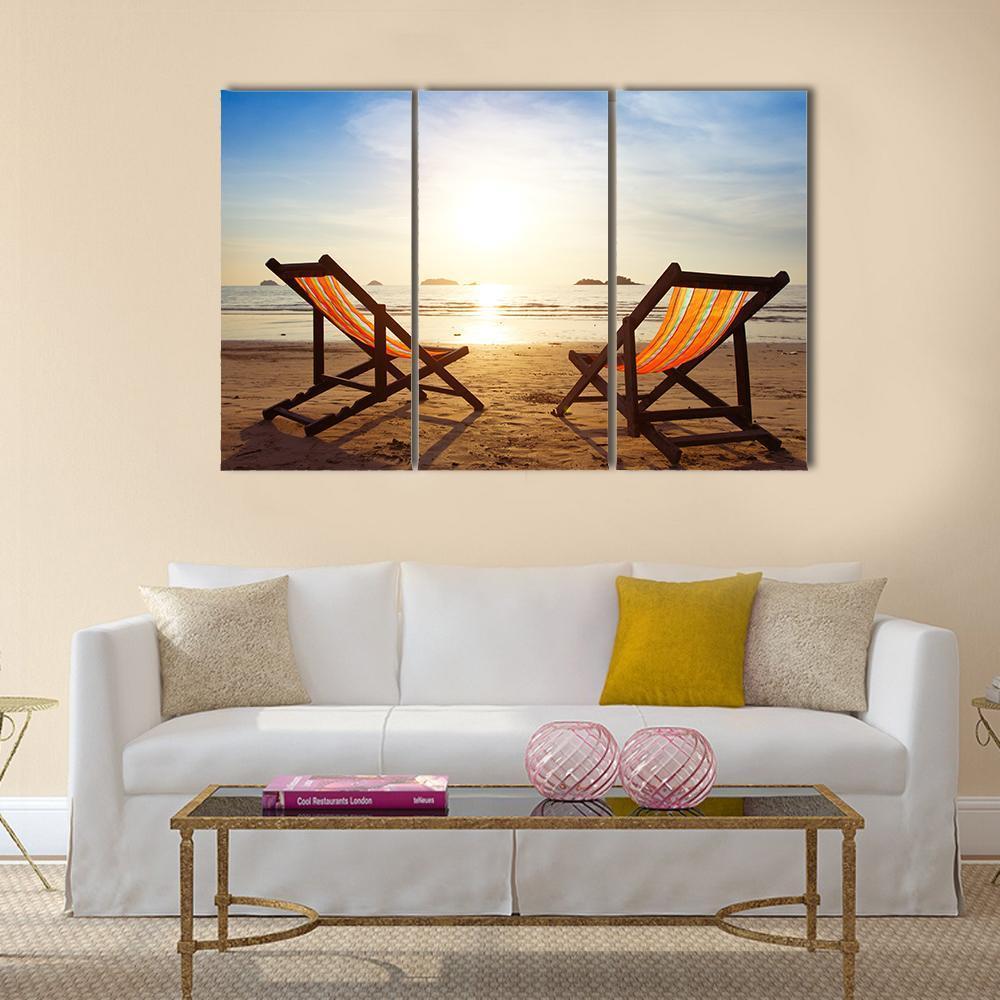 Two Deck Chairs At Beach Canvas Wall Art-3 Horizontal-Gallery Wrap-37" x 24"-Tiaracle