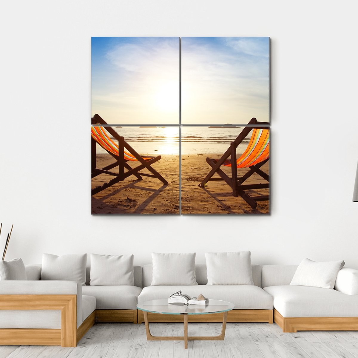 Two Deck Chairs At Beach Canvas Wall Art-4 Square-Gallery Wrap-17" x 17"-Tiaracle