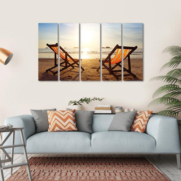 Two Deck Chairs At Beach Canvas Wall Art-5 Horizontal-Gallery Wrap-22" x 12"-Tiaracle