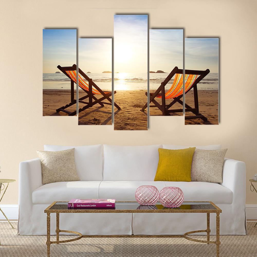 Two Deck Chairs At Beach Canvas Wall Art-5 Pop-Gallery Wrap-47" x 32"-Tiaracle