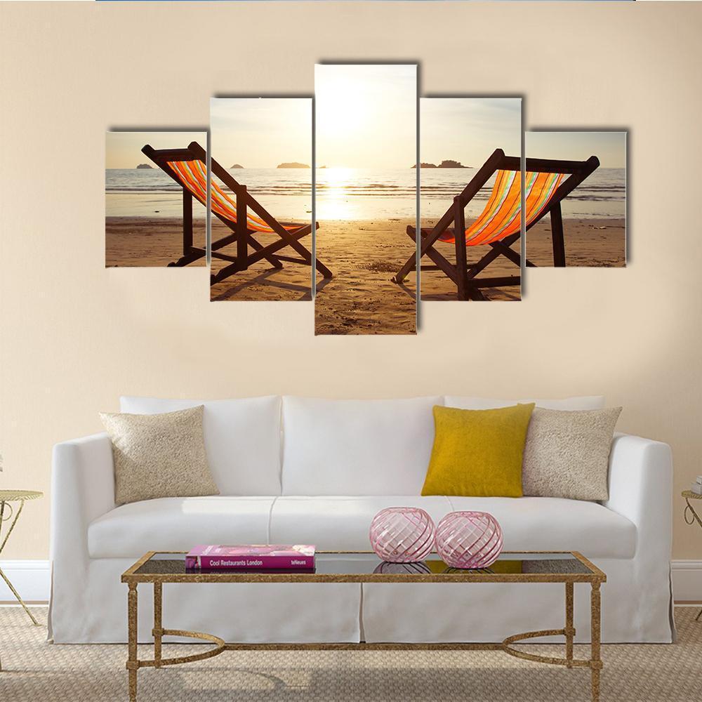 Two Deck Chairs At Beach Canvas Wall Art-5 Star-Gallery Wrap-62" x 32"-Tiaracle