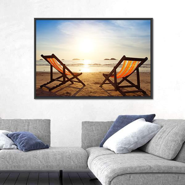 Two Deck Chairs On Beach Panoramic Canvas Wall Art-1 Piece-36" x 12"-Tiaracle