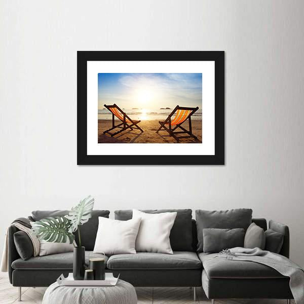 Two Deck Chairs On Beach Panoramic Canvas Wall Art-1 Piece-36" x 12"-Tiaracle