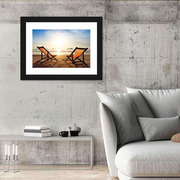 Two Deck Chairs On Beach Panoramic Canvas Wall Art-1 Piece-36" x 12"-Tiaracle