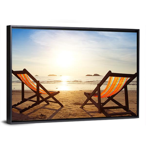 Two Deck Chairs On Beach Panoramic Canvas Wall Art-1 Piece-36" x 12"-Tiaracle