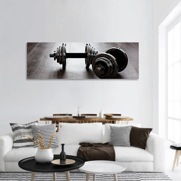 Two Dumbbells For Fitness Panoramic Canvas Wall Art-3 Piece-25" x 08"-Tiaracle