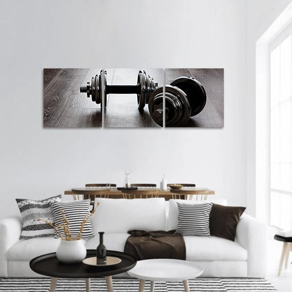 Two Dumbbells For Fitness Panoramic Canvas Wall Art-3 Piece-25&quot; x 08&quot;-Tiaracle