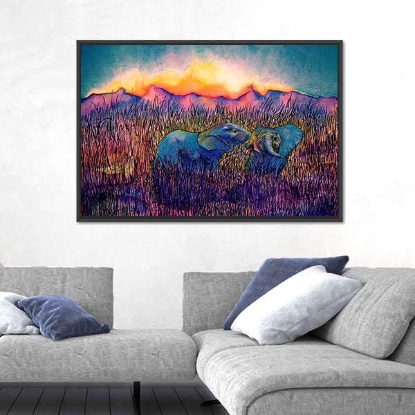 Two Elephants In The Savannah Canvas Wall Art-1 Piece-Floating Frame-24" x 16"-Tiaracle