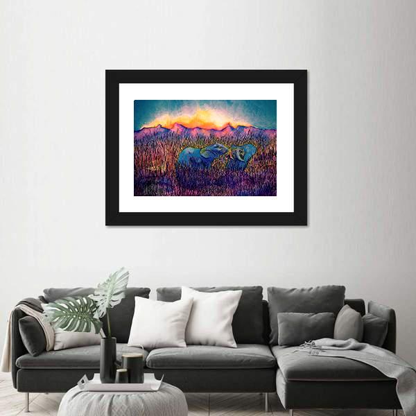 Two Elephants In The Savannah Canvas Wall Art-1 Piece-Framed Print-20" x 16"-Tiaracle