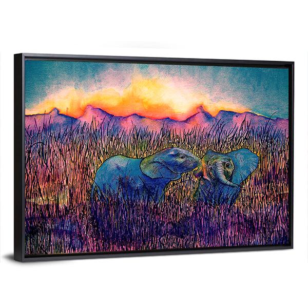 Two Elephants In The Savannah Canvas Wall Art-3 Horizontal-Gallery Wrap-25" x 16"-Tiaracle