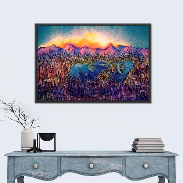 Two Elephants In The Savannah Canvas Wall Art-3 Horizontal-Gallery Wrap-25" x 16"-Tiaracle
