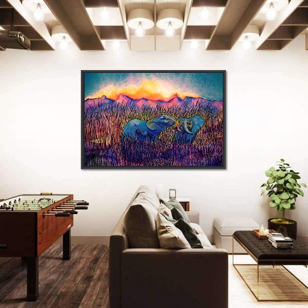 Two Elephants In The Savannah Canvas Wall Art-3 Horizontal-Gallery Wrap-25" x 16"-Tiaracle