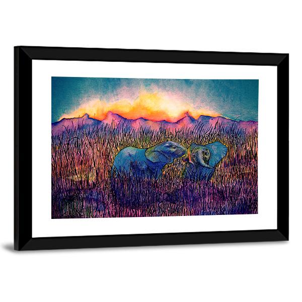Two Elephants In The Savannah Canvas Wall Art-3 Horizontal-Gallery Wrap-25" x 16"-Tiaracle